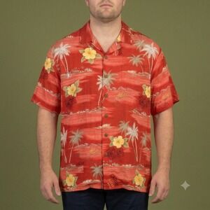 La Cabana Hawaiian Shirt Mens XL Red Tropical Palm Tree Floral Rayon Button Up